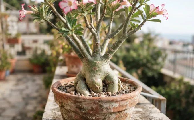 Rosa do deserto saudável cultivada em vaso de barro em uma varanda, destacando seu caudex dilatado e ramos floridos.