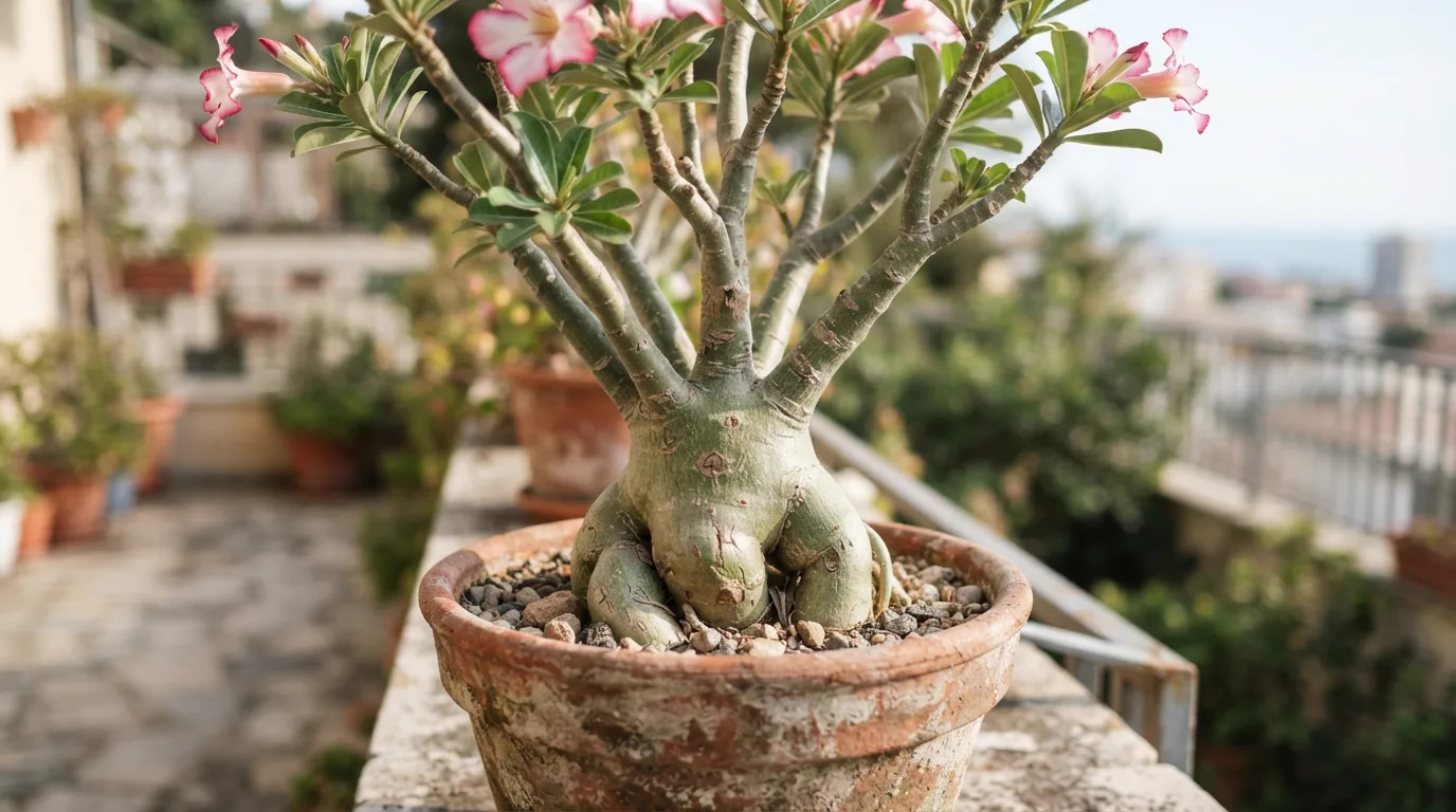 Rosa do deserto saudável cultivada em vaso de barro em uma varanda, destacando seu caudex dilatado e ramos floridos.